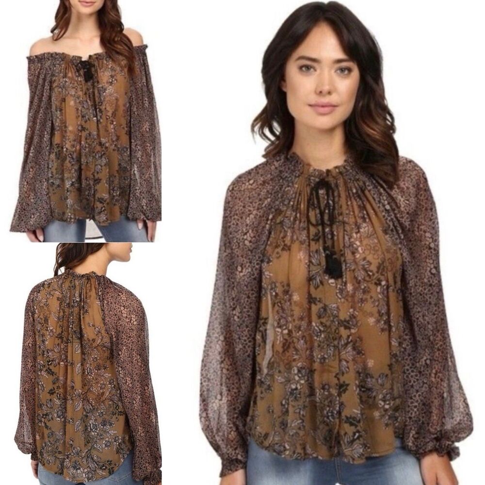 Free People Hendrix Floral Peasant Blouse Top Large Chiffon Sheer Boho Romantic